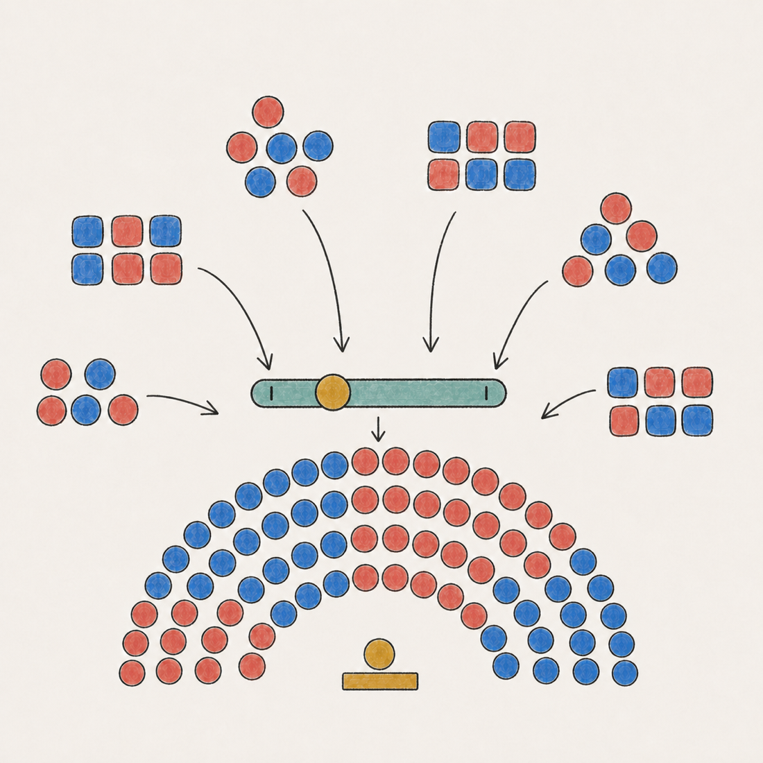 Several hand-drawn state delegations feed into one shared weight slider and a semicircular House chamber.